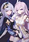  2girls absurdres bare_shoulders black_shorts blue_hair blue_shirt breasts bridal_garter brooch cape closed_mouth clothing_cutout detached_sleeves elf elysia_(herrscher_of_human:ego)_(honkai_impact) elysia_(honkai_impact) gloves hair_between_eyes heart heart_brooch herrscher_of_corruption highres honkai_(series) honkai_impact_3rd jewelry large_breasts looking_at_viewer multiple_girls mutsu_aya open_mouth pink_eyes pink_hair pink_pupils pointy_ears shirt short_shorts short_sleeves shorts side_cutout smile starry_background thighs triquetra white_gloves white_shirt white_veil yellow_eyes yellow_pupils 