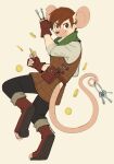  anthro auveiss brown_eyes brown_hair chilchuck_tims claws clothing coin delicious_in_dungeon gold_(metal) hair hi_res male mammal mouse mouse_ears mouse_tail murid murine rodent solo 