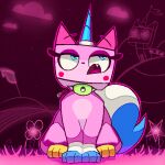 absurd_res collar domestic_cat felid feline felis female feral fluffy fluffy_tail fur hi_res horn lego mammal paws phlareox pink_body pink_fur solo spiked_collar spikes tail the_lego_movie unikitty