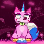  2024 absurd_res collar conditional_dnp domestic_cat felid feline felis female feral fluffy fluffy_tail fur hi_res horn lego mammal open_mouth paws phlareox pink_body pink_fur solo spiked_collar spikes tail the_lego_movie unikitty 