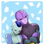  alien bald blue_body clothing coat crossed_arms dragon_ball dragon_ball_super duo elbow_pads eyes_closed frieza_race frost_(dragon_ball) hit_(dragon_ball) humanoid leaning leaning_on_another looking_at_another male male/male one_eye_closed purple_body red_eyes romantic romantic_couple sailorfrix simple_background size_difference sleeping smile sound_effects topwear vowelless vowelless_sound_effect zzz 