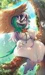  absurd_res anthro beak biped branch breasts brown_body brown_feathers cleavage clothed clothing cloud decidueye detailed_background eyelashes feathers feet female generation_7_pokemon green_body hair hi_res looking_at_viewer navel nintendo plant pokemon pokemon_(species) purple_eyes rainbowscreen rowlet sitting_on_branch solo talons toes tree white_body white_hair 