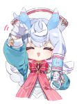  1girl :d ^_^ animal_ears apron aqua_shirt arm_up blue_hair blush bow bowtie brooch buttons closed_eyes commentary_request crossed_bangs genshin_impact gloves gradient_hair hair_between_eyes hand_up hat highres holding holding_rattle jewelry long_sleeves low_twintails meda_cha medium_hair multicolored_hair nurse_cap open_mouth outstretched_arm puffy_long_sleeves puffy_sleeves purple_hair rattle red_bow red_bowtie shirt sidelocks sigewinne_(genshin_impact) simple_background sleeve_cuffs smile solo twintails upper_body white_apron white_background white_gloves white_hat 
