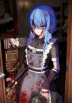 1girl 2others apron bardiche_(weapon) black_dress black_gloves black_hair blood blood_in_hair blood_on_clothes blood_on_face blood_on_ground blood_on_wall blue_eyes blue_hair braid collared_dress commentary_request corpse death doorway dress feet_out_of_frame fingerless_gloves gloves grey_apron hair_between_eyes hair_ornament hair_over_shoulder hairclip highres hiiragi_melt holding holding_polearm holding_weapon hololive hoshimachi_suisei hoshimachi_suisei_(maid) indoors long_hair looking_at_viewer maid multiple_others official_alternate_costume official_alternate_hairstyle open_door painting_(object) polearm pov_doorway short_sleeves side_braid single_braid solo_focus standing virtual_youtuber weapon yandere 