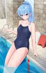  1girl alternate_costume bare_shoulders blue_eyes blue_hair blue_one-piece_swimsuit blush breasts brick_wall collarbone covered_navel hair_between_eyes highres hiiragi_melt hololive hoshimachi_suisei long_hair looking_at_viewer nail_polish one-piece_swimsuit ponytail pool poolside school_swimsuit small_breasts smile solo stairs star_(symbol) star_in_eye swimsuit symbol_in_eye virtual_youtuber 