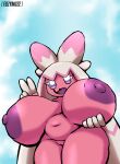  areola belly big_breasts breasts eyelashes female fuzymuze generation_9_pokemon genitals gesture hair hand_gesture hi_res huge_breasts humanoid hyper hyper_breasts long_hair navel nintendo nipples open_mouth pink_body plump_labia pokemon pokemon_(species) purple_areola purple_nipples pussy short_stack sketch sky smile solo tinkaton v_sign 