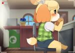  animal_crossing anthro biped blue_eyes blush bodily_fluids canid canine canis chair clothed clothing container cup dagasi detailed_background domestic_dog drinking female flower fur furniture hi_res holding_container holding_cup holding_object isabelle_(animal_crossing) mammal motion_lines nintendo on_chair orange_body orange_fur plant side_view sitting sitting_on_chair solo sweat sweatdrop tail yellow_body yellow_fur 