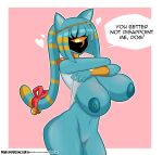  5_fingers areola big_breasts blue_areola blue_nipples breasts clothed clothing clothing_lift cyclops dankodeadzone featureless_crotch felid feline female fingers hi_res mammal nipples nyanlathotep_(sucker_for_love) solo undressing 