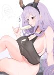  1girl 1other absurdres arknights bottomless breasts commentary_request doctor_(arknights) fake_horns food from_side highres holding holding_food holding_popsicle horn_hairband horns knee_up large_breasts long_hair looking_at_another no_panties pcaccount13 popsicle profile purple_hair sideboob simple_background sitting sweat tank_top thighs typhon_(arknights) very_long_hair white_background 