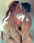  2boys abs biceps bishounen blue_background blue_hair blush brown_hair closed_eyes completely_nude couple ear_piercing french_kiss from_side genshin_impact gradient_background hand_on_another&#039;s_ass hand_on_another&#039;s_neck hand_on_another&#039;s_shoulder height_difference highres isa_(babeyxiao) kiss long_hair male_focus male_pubic_hair multiple_boys nipples nude painterly pectorals piercing pointy_ears ponytail pubic_hair red_lips short_hair simple_background skinny straight_hair toned toned_male xiao_(genshin_impact) yaoi yellow_background zhongli_(genshin_impact) 