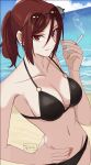 1girl alternate_costume aozaki_touko beach bikini black_bikini blue_sky breasts brown_hair brown_nails cigarette cleavage closed_mouth cloud collarbone commentary_request day eyewear_on_head fingernails hair_between_eyes hand_on_own_hip highres holding holding_cigarette kara_no_kyoukai long_hair looking_at_viewer medium_breasts navel outdoors ponytail red_eyes sand shintyoi2 sidelocks sky smile solo stomach sunglasses swimsuit water 
