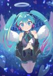  1girl angel angel_wings arrow_(symbol) blue_eyes blue_hair collared_shirt cursor detached_sleeves electric_angel_(vocaloid) feathered_wings flower flower_headphones halo hatsune_miku headphones heart highres long_hair long_sleeves nail_polish neck_ribbon own_hands_together ribbon shirt skirt sleeveless sleeveless_shirt smile solo sorami twintails vocaloid wings 