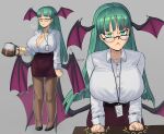  1girl absurdres breasts closed_eyes closed_mouth coffee demon_wings glasses green_eyes green_hair highres large_breasts looking_at_viewer morrigan_aensland solo tallinax vampire_(game) wings 