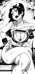  1girl bare_legs breasts cleavage crossed_legs fanning_self fatal_fury folding_fan greyscale hand_fan hand_on_own_hip highres hot ireading japanese_clothes large_breasts monochrome open_mouth shiranui_mai sitting solo sweat thighs tongue tongue_out very_sweaty 