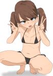  1girl absurdres barefoot bikini black_bikini blush breasts brown_eyes brown_hair double_v hair_between_eyes highres kantai_collection long_hair looking_at_viewer micro_bikini nozea open_mouth ryuujou_(kancolle) side-tie_bikini_bottom simple_background small_breasts spread_legs squatting swimsuit v white_background 