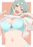  1girl aqua_bra blush bra breasts clothes_lift commentary_request green_eyes green_hair hair_between_eyes highres kantai_collection large_breasts lifting_own_clothes long_hair looking_at_viewer navel open_mouth sakieko shirt shirt_lift short_sleeves smile solo suzuya_(kancolle) underwear upper_body white_shirt 
