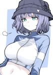  1girl blue_archive breasts bucket_hat crop_top green_eyes hat highres large_breasts navel osr5555 puff_of_air purple_hair rash_guard saki_(blue_archive) saki_(swimsuit)_(blue_archive) short_hair skin_tight solo sweat v-shaped_eyebrows zipper 