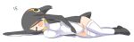  1girl =_= bird_tail black_footwear black_hair black_jacket boots breasts closed_eyes commentary_request emperor_penguin_(kemono_friends) full_body hair_between_eyes hair_over_one_eye headphones highres jacket kemono_friends large_breasts lets0020 long_bangs lying multicolored_hair numbered on_side one-piece_swimsuit open_mouth orange_hair short_hair simple_background solo streaked_hair swimsuit tail thighhighs white_background white_one-piece_swimsuit white_thighhighs 