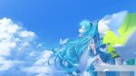  1191174237 1girl bird blue_dress blue_hair blue_sky closed_eyes cloud cloudy_sky day dress english_commentary frown hair_ornament hatsune_miku leaning_forward long_hair looking_at_viewer outdoors plant potted_plant sky sleeveless sleeveless_dress solo standing teeth twintails upper_teeth_only very_long_hair vocaloid 