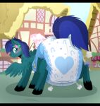  accessory big_diaper blue_diaper blue_eyes blue_hair blush clothed clothing diaper equid equine fan_character feral flower flower_in_hair green_body hair hair_accessory hasbro heart_symbol hi_res hooves jupiters male mammal my_little_pony mythological_creature mythological_equine mythology pegasus plant ponyville poofy_diaper quadruped wearing_diaper wings 