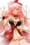  absurdres bell bow braid branch breasts cherry_blossoms cleavage closed_mouth dress ehkf elf elysia_(herrscher_of_human:ego)_(honkai_impact) elysia_(honkai_impact) elysia_(peachy_spring)_(honkai_impact) flower hair_bell hair_between_eyes hair_flower hair_ornament highres honkai_(series) honkai_impact_3rd large_breasts legband long_sleeves looking_at_viewer pink_eyes pink_hair pointy_ears red_bow red_dress single_braid smile thighs twirling_hair white_background 