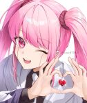  1girl black_shirt collared_shirt facial_mark heart heart_hands looking_at_viewer love_cute mashle necktie one_eye_closed open_mouth pink_eyes pink_hair robe rorol7865 shadow shirt solo teeth twintails twitter_username upper_teeth_only 
