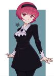  1girl android bob_cut breasts closed_mouth cosplay dorothy_haze dress english_commentary hairband joints looking_at_viewer mateus_upd name_connection pantyhose r_dorothy_wayneright red_hair robot_joints short_hair smile solo the_big_o va-11_hall-a 