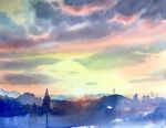  blue_sky building cloud cloudy_sky didi_daisukedoi highres hill horizon no_humans orange_sky original painting_(medium) shadow sky sun sunlight traditional_media tree watercolor_(medium) 