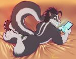 anthro bedroom_eyes butt claws feet looking_at_viewer looking_back looking_back_at_viewer lying male mammal marlon.cores mephitid narrowed_eyes nude on_front pinup pose raised_tail seductive skunk solo stripes tablet tail