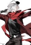  1boy absurdres black_gloves coat cowboy_hat cowboy_shot dancing dante_(devil_may_cry) devil_may_cry_(series) devil_may_cry_5 facial_hair fingerless_gloves gloves hat highres holding long_hair male_focus open_mouth red_coat simple_background smile solo weibo_7054093389 white_hair 