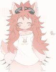  ! 1girl animal_ears body_fur claws closed_eyes closed_mouth english_commentary english_text furry furry_female goggles goggles_on_head highres long_hair made_in_abyss mitty_(made_in_abyss)_(furry) narehate off-shoulder_shirt off_shoulder pink_fur print_shirt rabbit red_hair shirt short_sleeves smile solo tail tatososu very_long_hair whiskers white_background white_shirt 