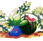  artist_name blue_skin closed_mouth colored_skin food fruit highres leaf no_humans oddish pokemon pokemon_(creature) red_eyes sitting smile solid_oval_eyes su_(sajo_su5) watermelon white_background 