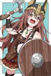  1girl :3 absurdres armor axe bikini_armor blue_background blush border breasts brown_eyes brown_hair commentary fake_horns fang flower_035 helmet highres holding holding_axe holding_shield hololive horned_helmet horns inugami_korone inugami_korone_(viking) jewelry leather_armor long_hair looking_at_viewer medium_breasts necklace official_alternate_costume open_mouth pauldrons paw_print shield shoulder_armor solo symbol-only_commentary viking virtual_youtuber white_border 