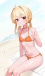  1girl absurdres ahoge beach bikini blonde_hair breasts closed_mouth collarbone dutch_angle girls&#039;_frontline hair_intakes hand_up highres looking_at_viewer nagant_revolver_(girls&#039;_frontline) nagant_revolver_(trumpeter_of_the_azure_waves)_(girls&#039;_frontline) navel ocean orange_bikini outdoors petite red_eyes ribs sand shenqi_xiaohuang sitting small_breasts smile solo swimsuit twintails v 