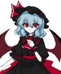  1girl alternate_costume ascot bat_wings black_dress black_hat blue_hair bow dress fingernails hat hat_ribbon highres looking_at_viewer mob_cap nail_polish puffy_sleeves red_ascot red_bow red_eyes red_ribbon remilia_scarlet ribbon senao_o172 short_hair short_sleeves simple_background smile solo touhou white_background wings 