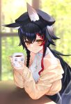  1girl animal_ear_fluff animal_ears asymmetrical_hair bangs beret black_hair black_headwear blurry blurry_background blush braid breasts cardigan cleavage closed_mouth coffee_cup commentary crossed_bangs cup day disposable_cup eyebrows_visible_through_hair hair_between_eyes hair_ornament hairclip hat holding holding_cup hololive izumi_sai jewelry long_hair looking_at_viewer medium_breasts multicolored_hair necklace off_shoulder official_alternate_costume ookami_mio orange_eyes paw_print paw_print_pattern red_hair see-through shirt side_braid sidelocks sitting sleeveless sleeveless_shirt sleeves_past_wrists smile solo streaked_hair table two-tone_hair upper_body virtual_youtuber white_shirt wolf_ears yellow_cardigan 