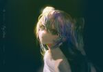  1girl artist_name bangs bare_shoulders black_background blurry closed_mouth commentary depth_of_field from_side green_eyes grey_hair hatsune_miku long_hair looking_at_viewer looking_to_the_side multicolored_hair portrait purple_hair say_hana simple_background solo streaked_hair sunlight twintails vocaloid 