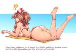  !? 1girl alternate_breast_size anklet ass barefoot bikini blue_eyes breasts english_commentary english_text from_side hair_ribbon huge_breasts jewelry looking_at_viewer lying may_(pokemon) n647 on_stomach pokemon pokemon_rse ponytail red_bikini red_ribbon ribbon swimsuit towel yellow_towel 