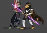  angry anthro armor bilyonaire cloak clothed clothing double-bladed_sword duel duo felid fight frown jedi kallus_sczye lagomorph lepi leporid lexy_roo_(artist) lightsaber lion male mammal melee_weapon pantherine purple_lightsaber red_lightsaber saberstaff short_tail sith star_wars tail weapon 