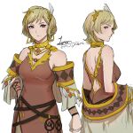  1girl blonde_hair breasts brown_dress citrinne_(fire_emblem) cm_lynarc dress earrings feather_hair_ornament feathers fire_emblem fire_emblem_engage gold_choker gold_trim hair_ornament highres hoop_earrings jewelry leather_wrist_straps medium_breasts mismatched_earrings multiple_views red_eyes wing_hair_ornament 