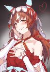  absurdres animal_ears breasts brown_hair chest_jewel collarbone detached_sleeves fingernails hair_between_eyes hair_ornament hands_on_own_chest heart heart_of_string highres horse_ears horse_tail kuguri_oimo looking_at_viewer red_eyes ribbon simple_background small_breasts still_in_love_(umamusume) tail umamusume veil 