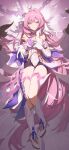  1girl absurdly_long_hair absurdres bare_shoulders black_shorts breasts bridal_veil broken_glass chinese_commentary cleavage commentary_request detached_sleeves diamond-shaped_pupils diamond_(shape) elysia_(herrscher_of_human:ego)_(honkai_impact) elysia_(honkai_impact) full_body glass gloves hair_between_eyes hair_intakes highleg highleg_leotard highres honkai_(series) honkai_impact_3rd large_breasts leotard light_blush long_hair looking_at_viewer multicolored_hair pink_eyes pink_hair reaching reaching_towards_viewer shorts sidelocks smile solo strapless strapless_leotard streaked_hair symbol-shaped_pupils teeth veil very_long_hair white_footwear white_gloves white_leotard white_sleeves white_veil zhishuixy 