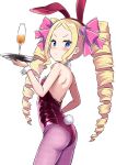  1girl :&lt; alcohol alternate_costume animal_ears beatrice_(re:zero) blush champagne champagne_flute commentary_request cup drill_hair drinking_glass fake_animal_ears fake_tail from_side hair_ribbon headband holding holding_tray leotard looking_at_viewer pantyhose pink_leotard pink_pantyhose pink_ribbon playboy_bunny rabbit_ears rabbit_tail re:zero_kara_hajimeru_isekai_seikatsu red_headband ribbon s_(hdru2332) solo strapless strapless_leotard tail tray twin_drills twintails wrist_cuffs 
