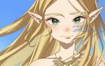  1girl artist_name blonde_hair collarbone commentary green_eyes jewelry long_hair looking_at_viewer maya_(mayamayammy) necklace princess_zelda signature sky solo straight-on the_legend_of_zelda the_legend_of_zelda:_breath_of_the_wild unfinished wind 