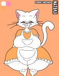 age_difference anthro apron big_breasts breasts clothing domestic_cat dress evelyn_(thedeathcrow05) eyes_closed eyewear felid feline felis female glasses hi_res mammal model_sheet older_female smile solo thedeathcrow05 thick_thighs whiskers white_body 