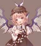  1girl 80isiiii :d \||/ animal_ears bangs bird_ears bird_wings blush breasts brown_background brown_dress brown_headwear dress eyebrows_visible_through_hair feathered_wings frills hand_on_own_chest hand_up hat head_tilt highres juliet_sleeves long_sleeves looking_at_viewer mob_cap mystia_lorelei nail_polish open_mouth pink_hair puffy_sleeves purple_eyes purple_nails short_hair simple_background small_breasts smile solo touhou upper_body wings 