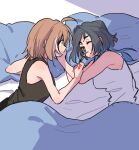  2girls ahoge alternate_breast_size bed_sheet black_hair black_tank_top blue_hair bob_cut brmameng brown_hair colored_inner_hair feathers hair_intakes highres holding hololive hololive_english long_hair multicolored_hair multiple_girls nanashi_mumei on_bed ouro_kronii pillow prank short_hair sleeping smile streaked_hair tank_top white_hair white_tank_top 