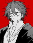  1boy carpaccio_luo-yang collared_shirt earrings facial_mark jewelry kyoubeni looking_at_viewer mashle monochrome necklace red_background robe shirt solo spiked_hair 
