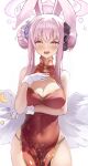  1girl absurdres animal_ears blue_archive blush breasts china_dress chinese_clothes cleavage covered_navel double_bun dress feathered_wings gloves gold_trim hair_bun hairband halo highres kaka_(abclkj12) large_breasts looking_at_viewer mika_(blue_archive) open_mouth pink_eyes pink_hair pink_halo rabbit_ears red_dress simple_background sleeveless smile sweat sweatdrop tears thighs thong twintails white_background white_gloves white_wings wings yellow_eyes 