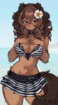  1girl animal_ears animal_nose bikini bikini_skirt black_collar breasts brown_fur brown_tail collar collarbone cowboy_shot curly_hair dark-skinned_female dark_skin dog_ears dog_girl dog_tail drill_hair flower freckles front-tie_bikini_top front-tie_top frown grey_eyes hair_flower hair_ornament hands_on_own_chest highres large_tail looking_to_the_side medium_breasts medium_hair navel ocean original outdoors photo_background puppyypawss red-framed_eyewear solo striped_bikini striped_clothes swimsuit tail thighs twin_drills wet white_flower 